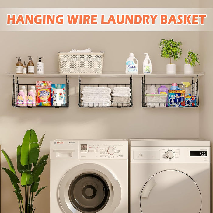 3-Pack Hanging Laundry Room Organizaton：Foldable Laundry Basket Wire Basket with 360°Rotating Hooks Small Space Organization Over Washer and Dryer Shelves - Hanging Closet Organizer, Black Patent