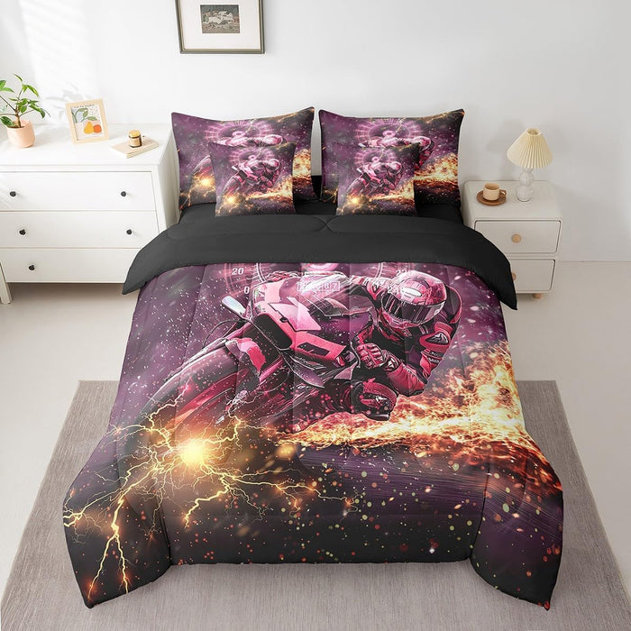 Feelyou Motocross Rider Bed Set for Kids Boys Girls Twin Size Extreme Sports 7 Pieces Beeding Set Ultra Soft Dirt Bike Bed in a Bag with Comforter, Sheets, Pillowcases Racing Themed Room Decor