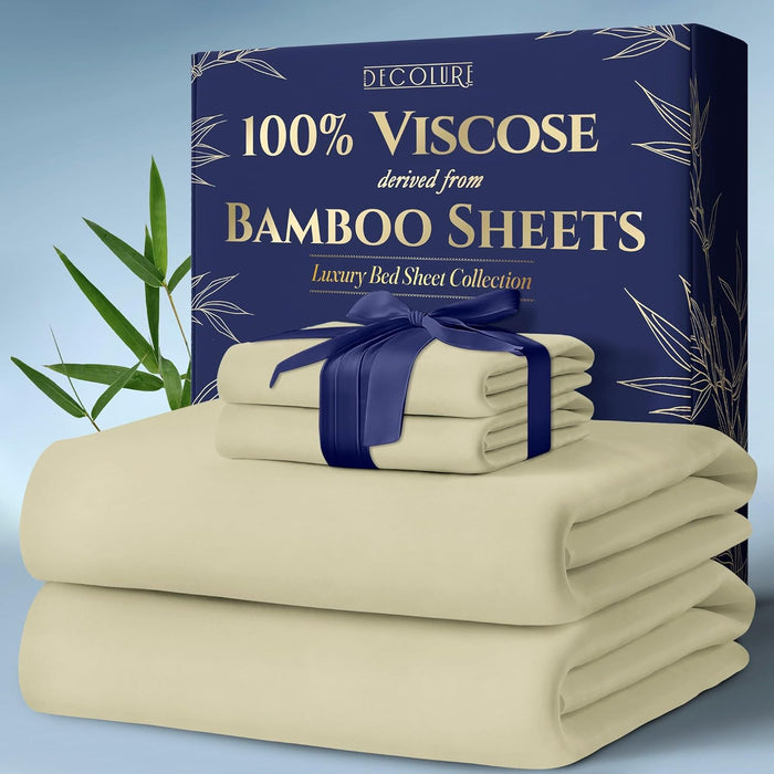 DECOLURE 100% Viscose Derived from Bamboo Sheets Queen Size 4pcs - Ultra Soft & Luxuriously Cooling, 17" Deep Pocket, Double Stitching, Perfect for Hot Sleepers - Queen Bed Sheets (Olive)