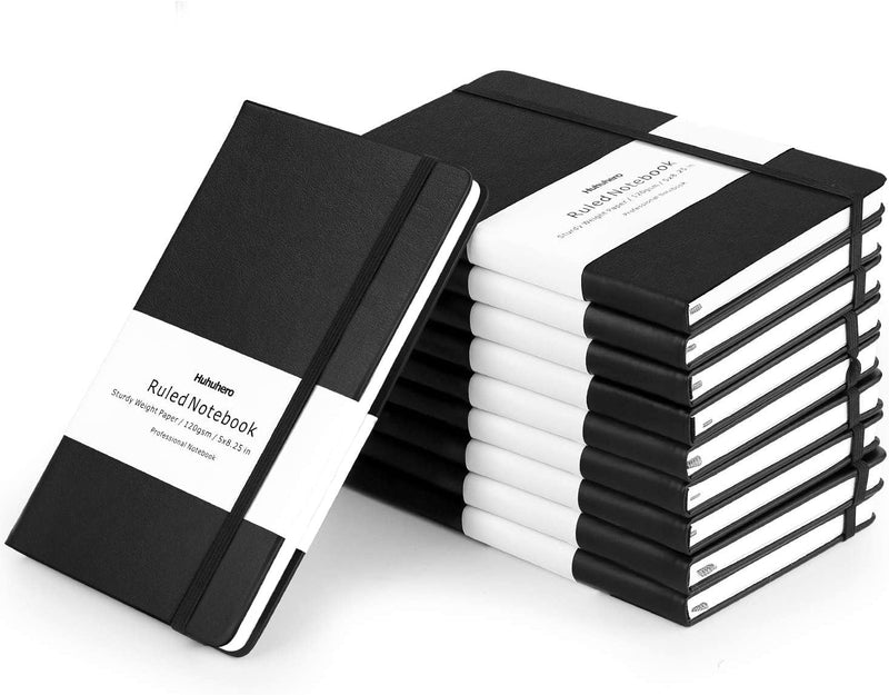 Huhuhero Lined Journal Notebook, 5 Pack Black Hardcover Notebooks for Work Women Men, 120Gsm Thick Paper Leather Journals for Writing Note Taking Business, Journaling School Supplies 5"×8.25"