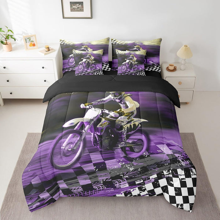 Feelyou Motocross Rider Bed Set for Kids Boys Girls Twin Size Extreme Sports 7 Pieces Beeding Set Ultra Soft Dirt Bike Bed in a Bag with Comforter, Sheets, Pillowcases Racing Themed Room Decor