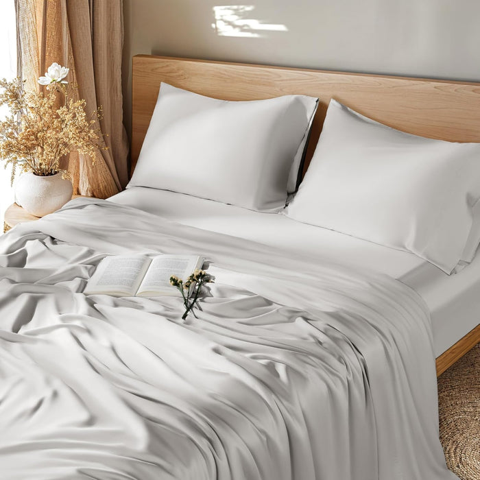 LBRO2M 100% Mulberry Silk Satin Sheets Set King Size Silk Fitted Sheet16 Deep Pocket Cool Bedding Sheet 4 Piece Wrinkle Resistant (King, Gray)