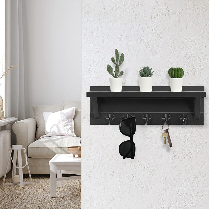 Wall Key Holder with Shelf, Rustic Shelf with Hooks Made of Paulownia Wood Holds Keys, Dog Leash, Bags and More - 13.7" W x 4.7" H x 3.5" D Decorative Key Hanger and Entryway Shelf (Black)