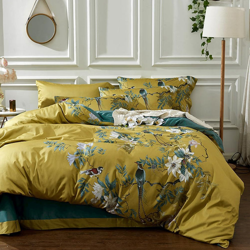 mixinni Vintage Style Garden Flower Queen Duvet Cover with Zipper Closure Soft Long Staple Percale Cotton Vibrant Pattern on Flower Bedding Quilt Cover Set(Queen, All Season)