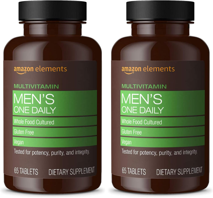 Amazon Elements Men’s One Daily Multivitamin, 62% Whole Food Cultured, Vegan, 65 Tablets, 2 month supply (Packaging may vary)