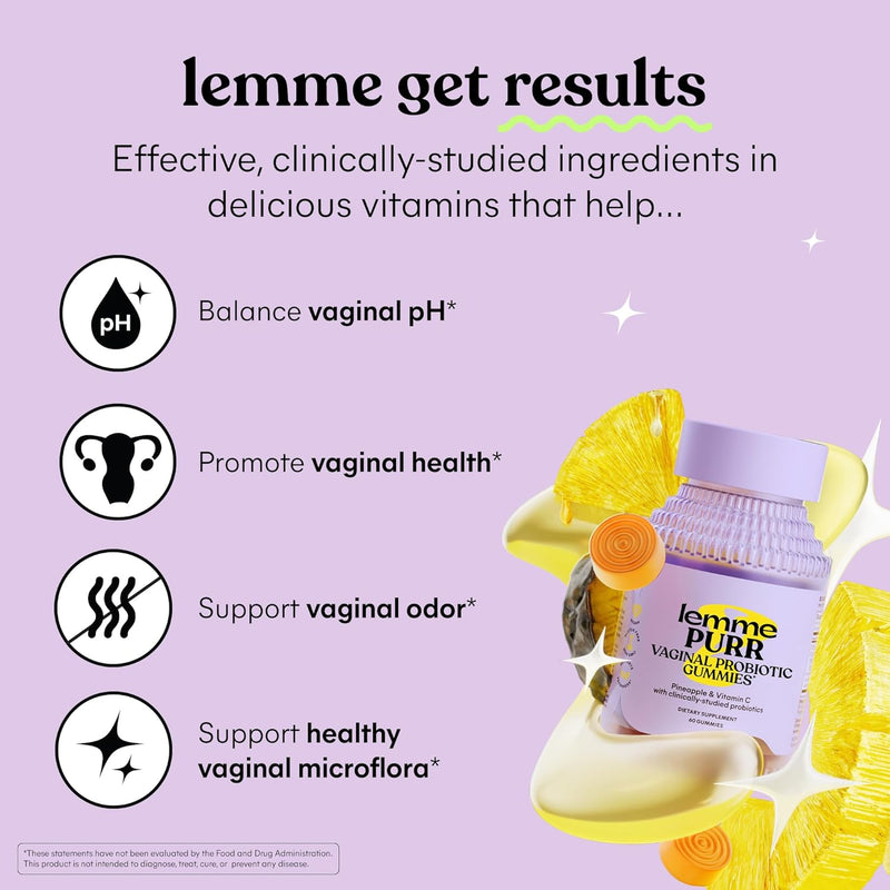 Lemme Purr Vaginal Probiotic Gummies for Women - Balanced pH, Healthy Odor, Yeast Balance & Flora Support + Vitamin C for Immune Health - Tasty Pineapple (60 Count)
