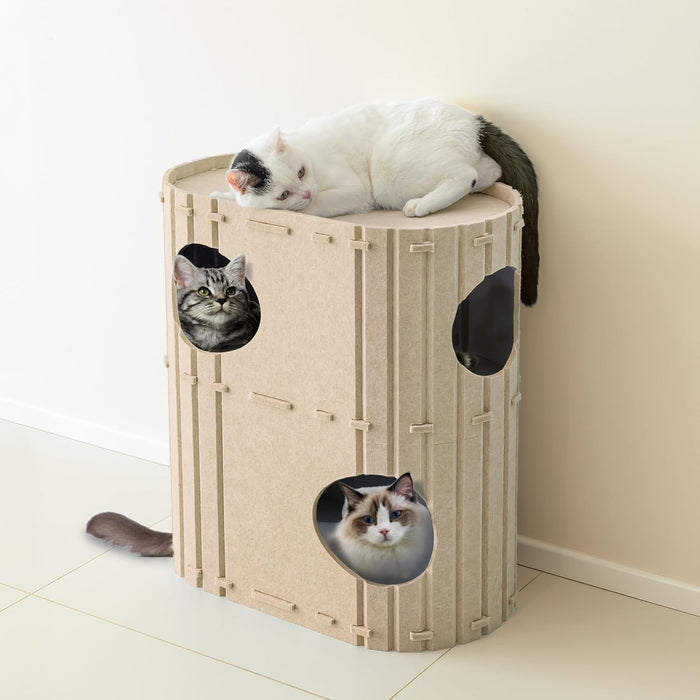 PETKARAY 2-Story Felt Cat House, Large Bed Cave for Indoor Cats, Felt Tunnel Hideaway Condo for Multi-Cat Households, 23.6x22x12 inches, Grey
