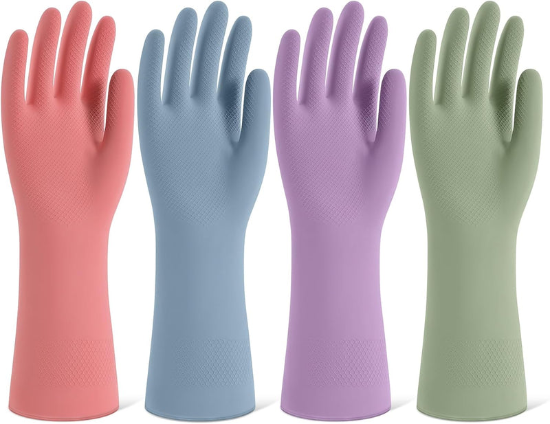 Rubber Cleaning Gloves for Dishwashing, 4 Pairs Reusable Kitchen Gloves for Washing Dishes and Household Cleaning, Green Dish Gloves with Flocked Lining and Non-Slip Grip, Pefect for Woman Men - M