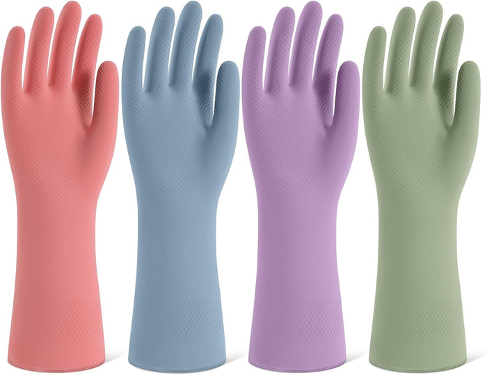 Rubber Cleaning Gloves for Dishwashing, 4 Pairs Reusable Kitchen Gloves for Washing Dishes and Household Cleaning, Green Dish Gloves with Flocked Lining and Non-Slip Grip, Pefect for Woman Men - M