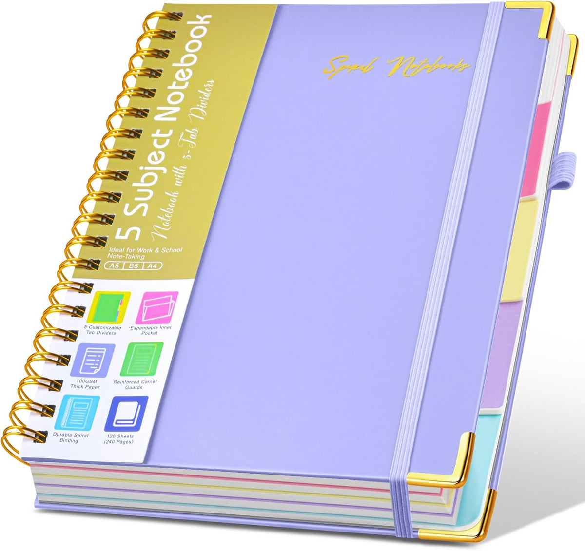 Hardcover Spiral Notebooks for Work, 5 Subject Notebook College Ruled with Dividers Tabs, Lined Organizer Notebook Journal for Women, 8"x10" Large B5 Notebooks for School Note Taking, 240 Pages Green