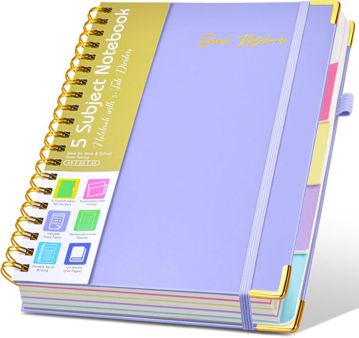 Hardcover Spiral Notebooks for Work, 5 Subject Notebook College Ruled with Dividers Tabs, Lined Organizer Notebook Journal for Women, 8"x10" Large B5 Notebooks for School Note Taking, 240 Pages Green