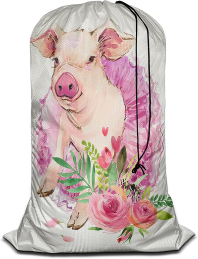 Swono Cute Pig Pink Rose Large Laundry Bag with Drawstring Heavy Duty Travel Dirty Clothes Bag for Laundromat Household, Farm Animal Piggy with Ballerina Dress Rip-Stop Laundry Hamper, 28 x 40 Inch