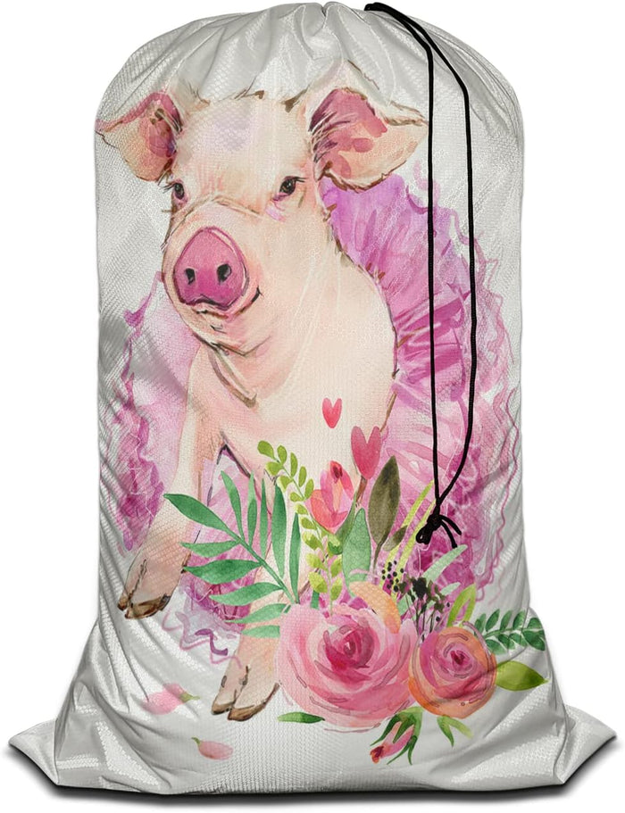 Swono Cute Pig Pink Rose Large Laundry Bag with Drawstring Heavy Duty Travel Dirty Clothes Bag for Laundromat Household, Farm Animal Piggy with Ballerina Dress Rip-Stop Laundry Hamper, 28 x 40 Inch