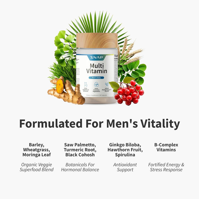Snap Supplements Men's Multivitamins - Daily Vitamins & Minerals for Men - Vitamin D, B12, Zinc, Herbs & Vitamin C for Energy & Immune Support, Multivitamin for Men, 60 Capsules