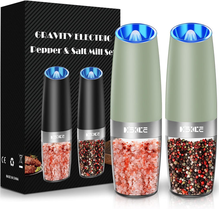 XinXu Gravity Electric Pepper and Salt Grinder Set, Adjustable Coarseness, Battery Powered with LED Light, One Hand Automatic Operation, Stainless Steel -Copper, 2 Pack