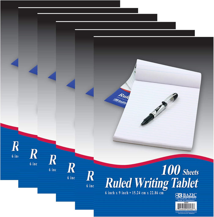 BAZIC Products Writing Pad 100 Sheets 6" X 9", Lined Ruled Memo Writing Notebook Note Pad, Easy Tear Note Paper Work Notepad for Office School Home, 1-Pack