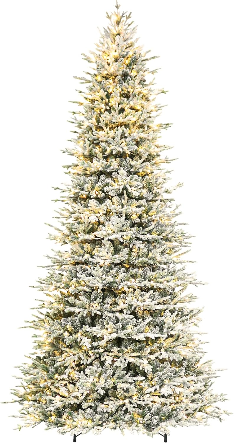 Hykolity 9 ft Prelit Snow Flocked Christmas Tree with 600 Warm White LED Lights, 5149 PE&PVC Branch Tips, Metal Stand and Hinged Branches