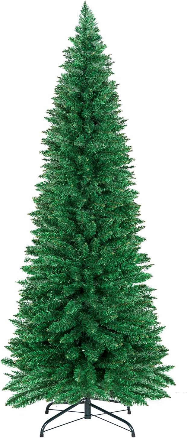 ININ 8FT Slim Pencil Christmas Tree,Artificial Tall Skinny Xmas Tree with 700 Branch Tips,Perfect for Home/Office/Party Decoration, Metal Hinges & Foldable Base.(Unlit)