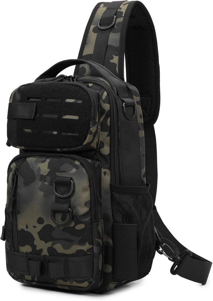 CamGo Small Tactical Sling Bag One Strap Crossbody Fishing Shoulder Pack Molle Backpack for Sport Daily (#02-Black)