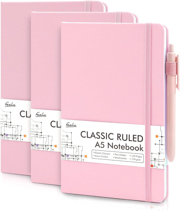 feela 3 Pack Notebooks Journals Bulk with 3 Black Pens, A5 Hardcover Notebook Classic Ruled Lined Journal Set with Pen Holder for Work Business Journaling Note Taking, 120 GSM, 5.1”x8.3”, Gray