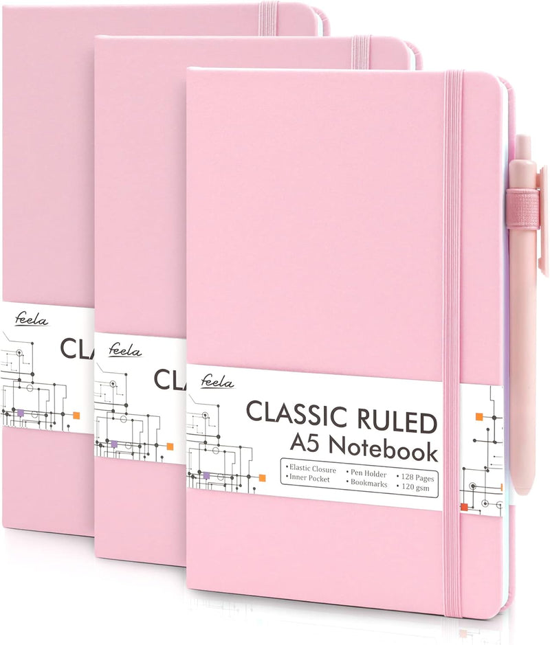 feela 3 Pack Notebooks Journals Bulk with 3 Black Pens, A5 Hardcover Notebook Classic Ruled Lined Journal Set with Pen Holder for Work Business Journaling Note Taking, 120 GSM, 5.1”x8.3”, Gray
