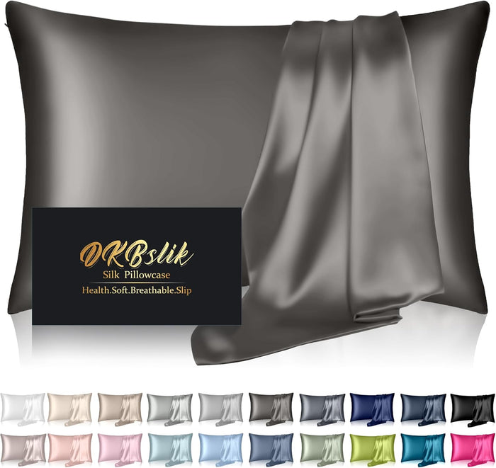 Silk Pillow Cases 2 Pack, Mulberry Silk Pillowcases Standard Set of 2, Health, Smooth, Anti Acne, Beauty Sleep, Both Sides Natural Silk Satin Pillow Cases for Women 2 Pack with Zipper for Gift,White