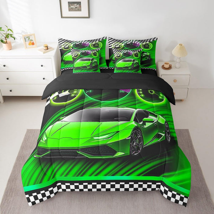 Feelyou Blue Race Car Bed Set for Kids Boys Girls Full Size Extreme Sports 7 Pieces Beeding Set Teen Adult Ultra Soft Speed Sports Car Bed in a Bag with Comforter, Sheets, Pillowcases Cool Car