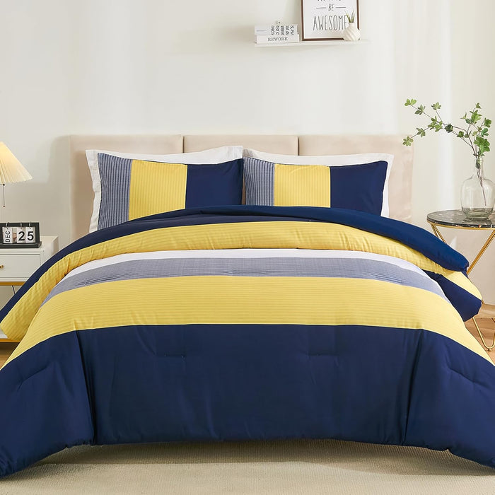 WONGS BEDDING Black Comforter Set Queen, Reversible Black Grey Stripe Down Alternative Comforter for All Season,3 Pieces(1 Patchwork Comforter+2 Pillowcases), Soft Microfiber Bedding Set 90"×90"