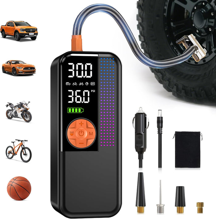 Tire Inflator Portable Air Compressor, 150 PSI Cordless Air Pump, Dual Power 6000mAh, 12V DC Car Plug, Fast Inflation 24L/Min, Auto Shut-Off, LED Light, 4 Preset Modes for Car, Bike, Motorcycle, Balls