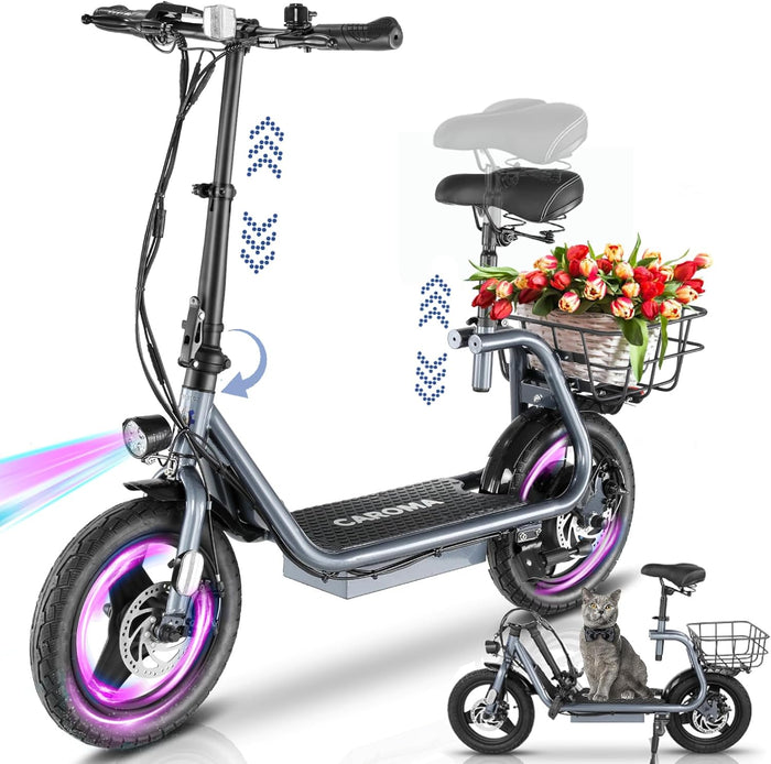 Caroma Peak 1200W/800W/500W Electric Scooter with Seat,14"/12" Fat Tire, Up to 30Miles and 20MPH Electric Scooter Adults&Teens, Adjustable E-Scooter with Shock Absorbtion and Basket