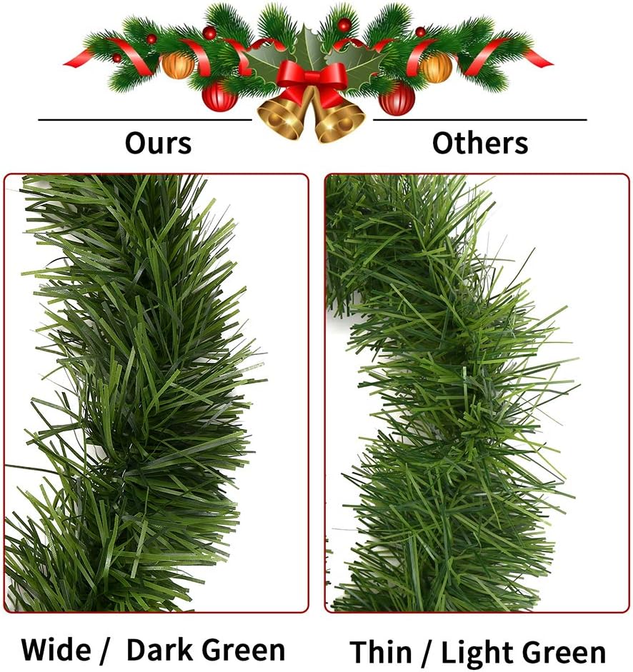 50 Feet Green Tinsel Artificial Pine Decorative Greenery Tinsel Stems Non-Lit Soft Twist Garland 12 Inch x 2Inch for Holiday Season Outdoor Indoor Party Decorations