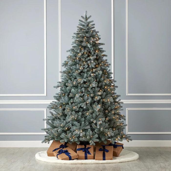 7.5FT Blue Spruce Christmas Tree by Seasonal LLC | 56" Diameter | Pre-Strung with 500 Warm White LED Lights | EZ-Connect Center Pole Light Connections | Hinged Branch Design