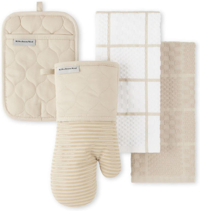 KitchenAid Quilted Cotton Terry Cloth Oven Mitt, Pot Holder, Kitchen Towel 4-Pack Set, Heat Resistant, Silicone Grip, Gift Set, Matte Black, 16"x26", 7"x13" & 7"x10"