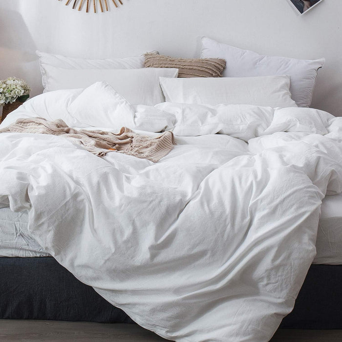 MooMee Bedding Duvet Cover Set 100% Washed Cotton Linen Like Textured Breathable Durable Soft Comfy (Solid Off White, Palatial King/Oversized King 120"x98")
