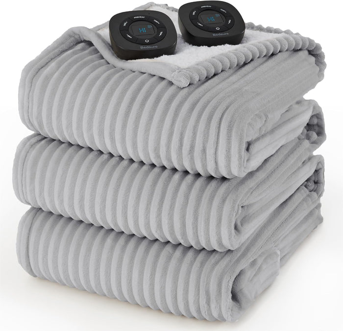 Bedsure GentleSoft Heated Blanket Electric Throw - Soft Ribbed Flannel Electric Blanket, Heating with 4 Time Settings, 6 Heat Levels, 3 hrs Timer Auto Shut Off, Gifts for Grandma (50x60 inches, Grey)