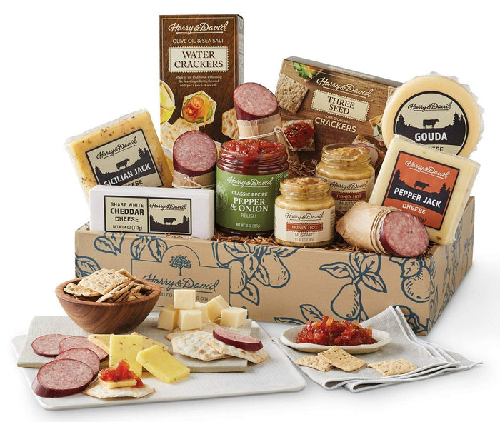 Harry & David Ultimate Meat And Cheese Gift Box, Food Gift Basket, Charcuterie Platter With 4 Cheese Blocks, 4 Sausages, 5 Sets Of Crackers, Sesame Sticks, Relish & Honey Mustard Sauces