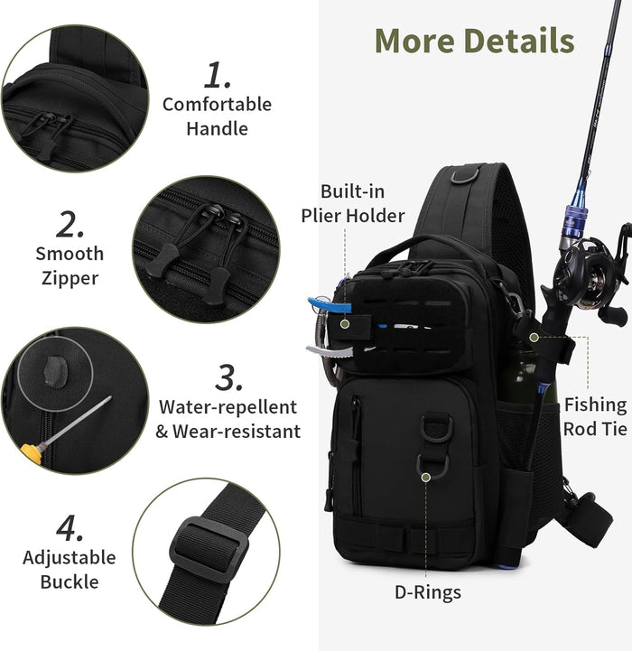CamGo Small Tactical Sling Bag One Strap Crossbody Fishing Shoulder Pack Molle Backpack for Sport Daily (#02-Black)