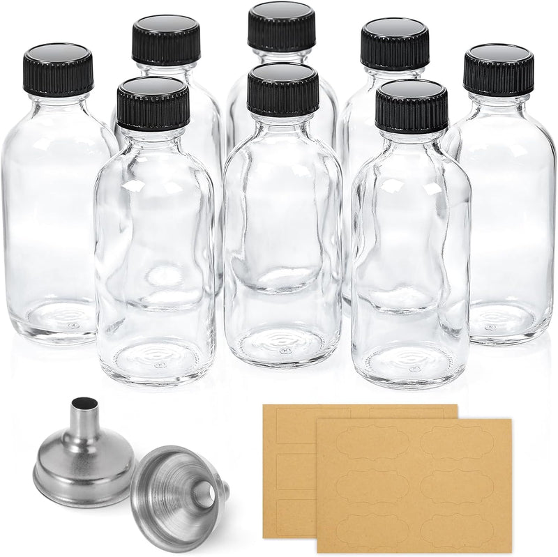12 Pack, 2 oz Small Clear Glass Bottles w/Lid & 3 Funnels - 60ml Boston Shot Bottles for Health, Immunity, Potion, Wellness, Sample, Ginger, Juice - Mini Personal Care & Beauty Travel Bottle