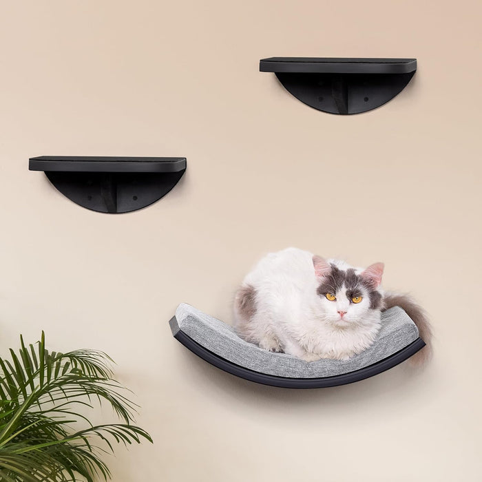 Cat Wall Shelf with Curved Hammock Bed, Wall Mounted Cat Perch with Beige Soft Foam Cushion, Floating Wall Furniture for Climbing, Sleeping & Lounging