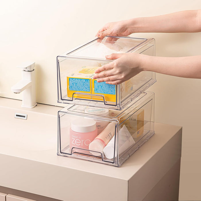 PeJeyiee 2 Pack Stackable Pull-Out Storage Drawers，Plastic Clear Organizer Bins with Handles，Easily Clean for Kitchen Undersink，Craft, and Toy Organization，Fridge，Closet, Pantry, Office, Bathroom