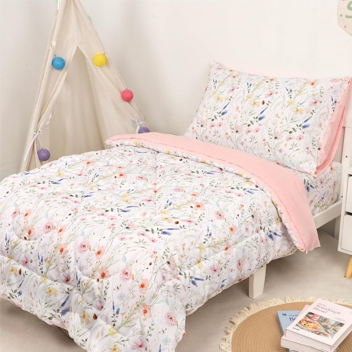 Toddler Bedding Set for Girls, 4 Piece Rainbow Toddler Girl Bedding Set, Super Soft & Lightweight Toddler Comforter Set Includes Comforter, Flat Sheet, Fitted Sheet, Pillowcase (Pink)