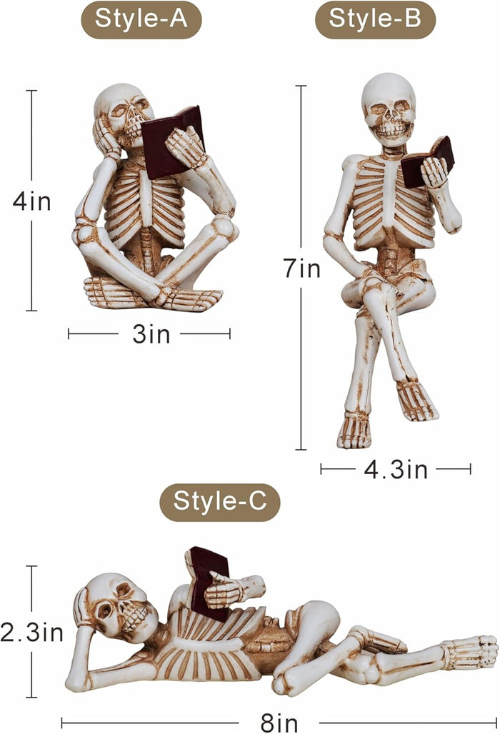 3 Pieces Halloween Skeleton Statue Halloween Skull Figurine Home Decor Reading Skeleton Figurines Decorations for Indoor Fireplace Home Kitchen Desk Office Party