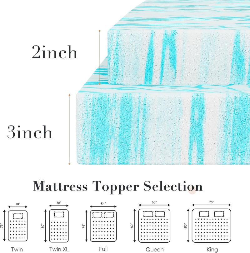 Memory Foam Mattress Topper Queen, 2 Inch Thick Gel Infused Bed Toppers for Queen Size Bed, Soft Mattress Pads for Sleeper Sofa, RV, Camper, CertiPUR-US Certified, Blue