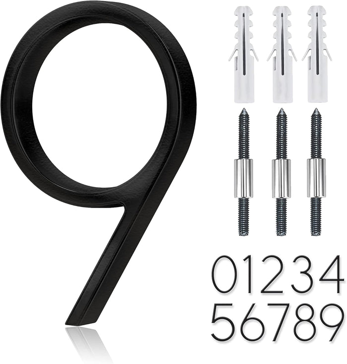 5" Stainless Steel Floating House Number, Metal Modern House Numbers, Mailbox Decor Number with Nail Kit, Coated Black, 911 Visibility Signage (6) or (9)