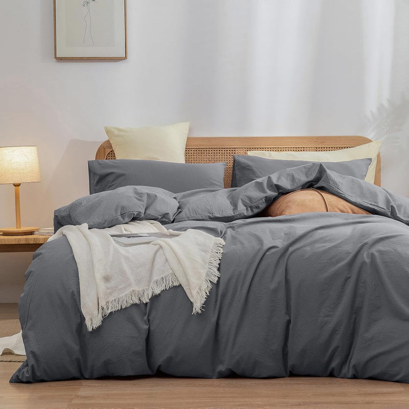 BESTOUCH Duvet Cover Set 100% Washed Cotton Linen Feel Super Soft Comfortable Chic Lightweight 3 PCs Home Bedding Set Solid Cornflower Blue Full/Double
