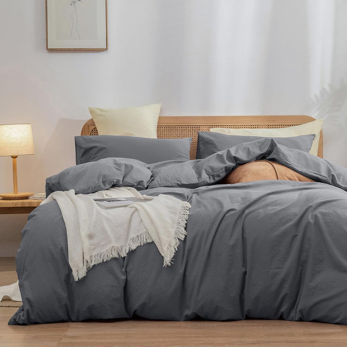 BESTOUCH Duvet Cover Set 100% Washed Cotton Linen Feel Super Soft Comfortable Chic Lightweight 3 PCs Home Bedding Set Solid Cornflower Blue Full/Double