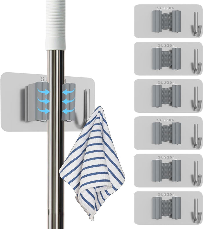 Stainless Steel Mop Holder Wall Mount – 4 Pack Heavy-Duty Broom Organizer with Strong Grip, Adhesive or Nail-Free Glue Installation for Bathroom, Kitchen, Garage