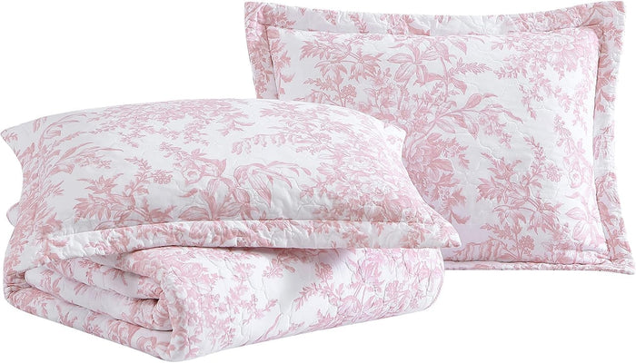 Laura Ashley - Queen Quilt Set, Soft & Reversible Cotton Floral Bedding with a Medium Weight Feel, 3 Piece Bed Set with Matching Pillowcases (Bedford Pink)