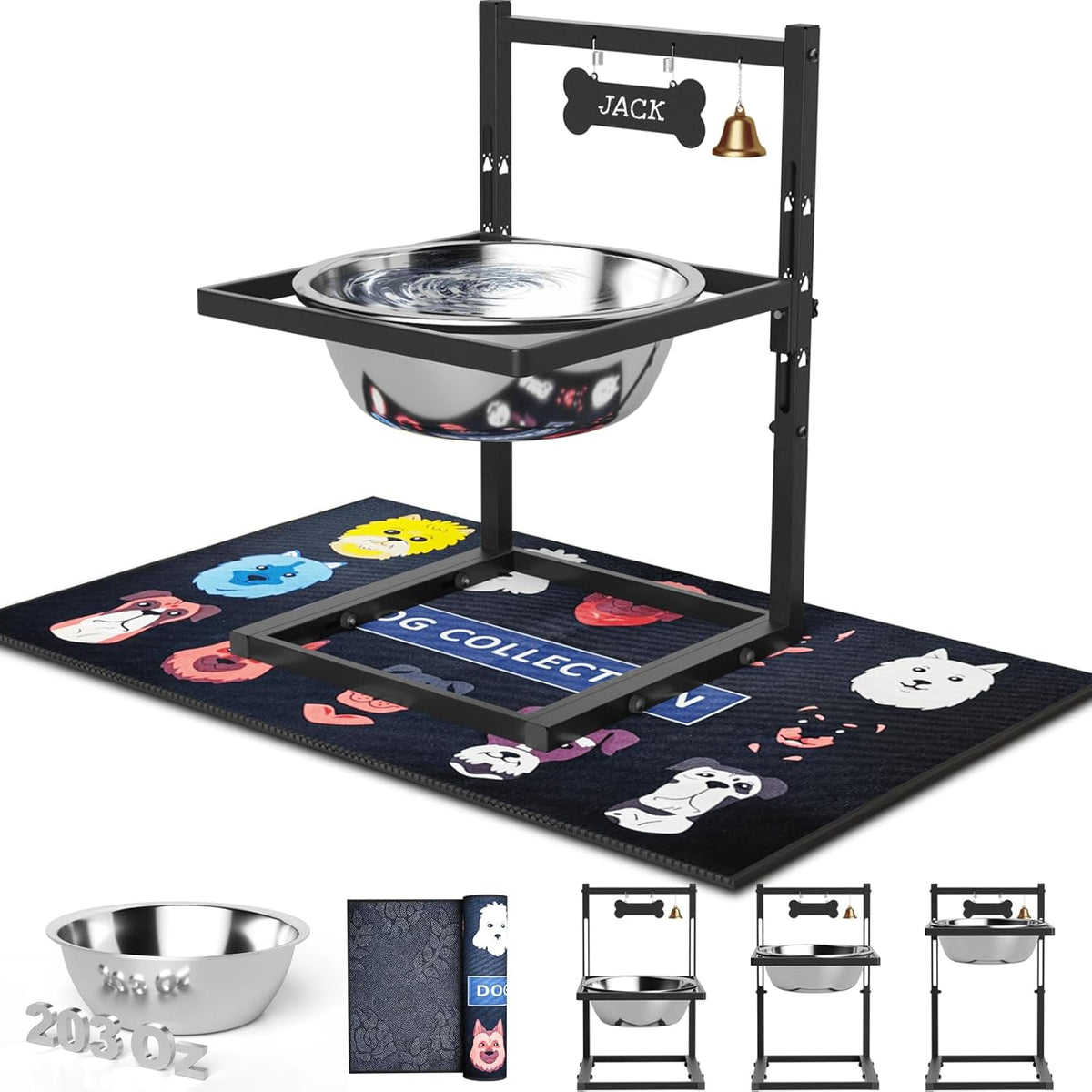 Elevated Dog Bowls with Slow Feeder - 9 Heights Adjustable Raised Dog Bowl Stand with Two 1.7L Stainless Steel Dog Food Bowls & Slow Feeder and a Nonslip Pad, Perfect for Medium Large Breed