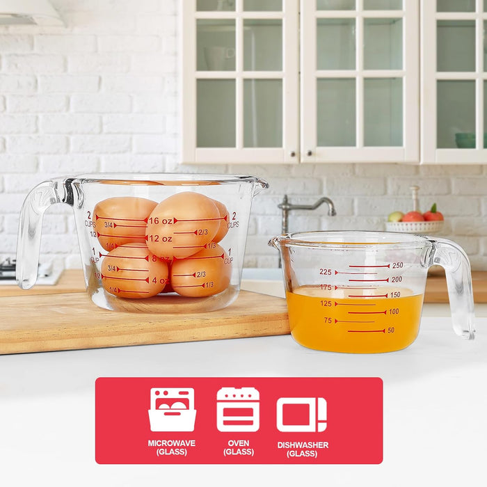 KOMUEE 4 Piece Glass Measuring Cups Set, 5 Oz, 1-Cup, 2-Cup, 4-Cup Liquid Measuring Cups with Lids for Kitchen, Freezer and Microwave Safe